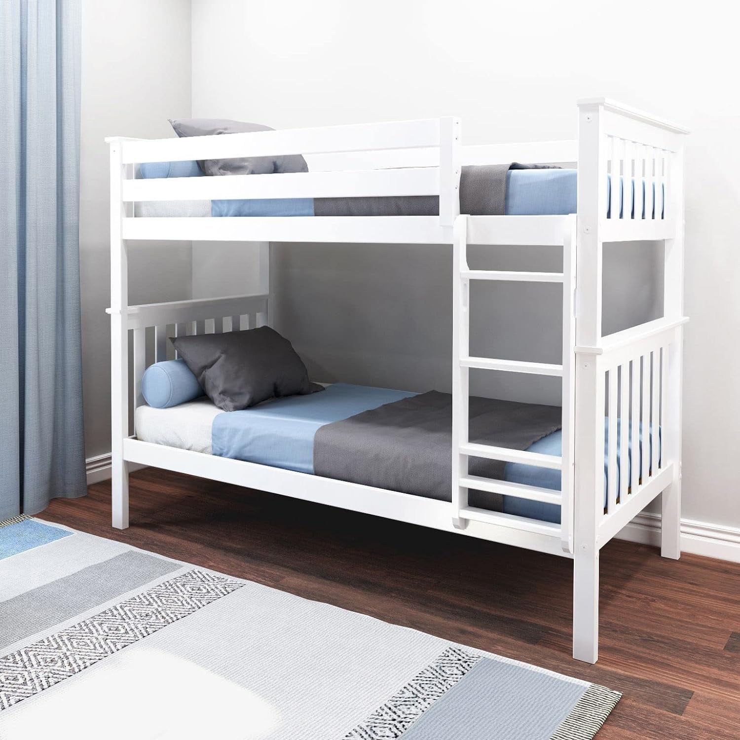 Twin Over Twin Solid Wood Bunk Bed Frame with Ladder and Safety Guardrails, Easy Assembly, No Box Spring Required, White Finish