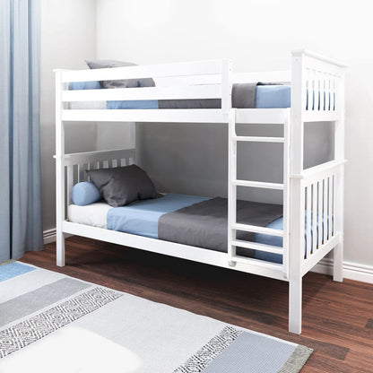 Twin Over Twin Solid Wood Bunk Bed Frame with Ladder and Safety Guardrails, Easy Assembly, No Box Spring Required, White Finish