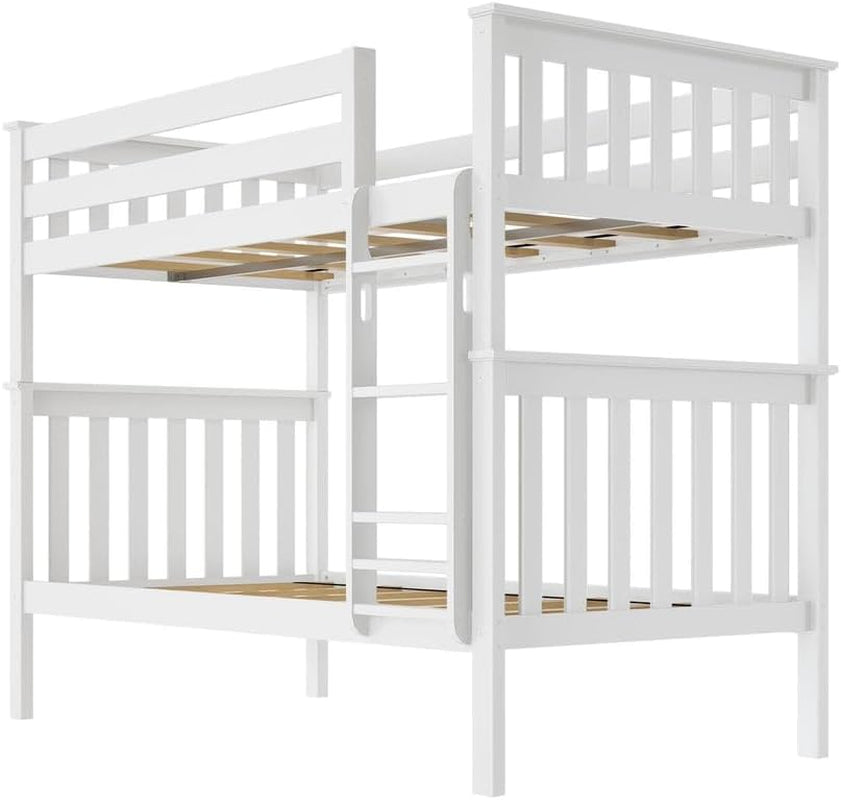 Twin Over Twin Solid Wood Bunk Bed Frame with Ladder and Safety Guardrails, Easy Assembly, No Box Spring Required, White Finish