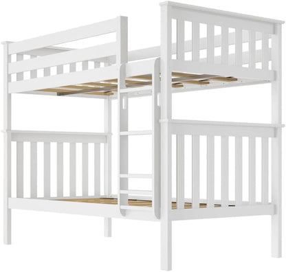 Twin Over Twin Solid Wood Bunk Bed Frame with Ladder and Safety Guardrails, Easy Assembly, No Box Spring Required, White Finish