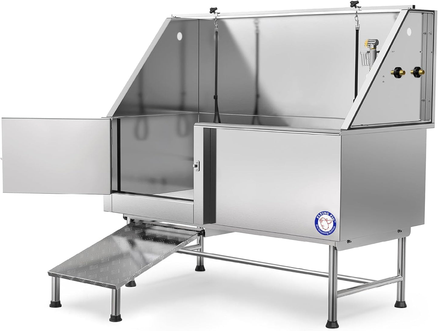 62" Stainless Steel Pet Grooming Bath Tub with Walk-In Ramp and Accessories (Left Door/Right Drain)