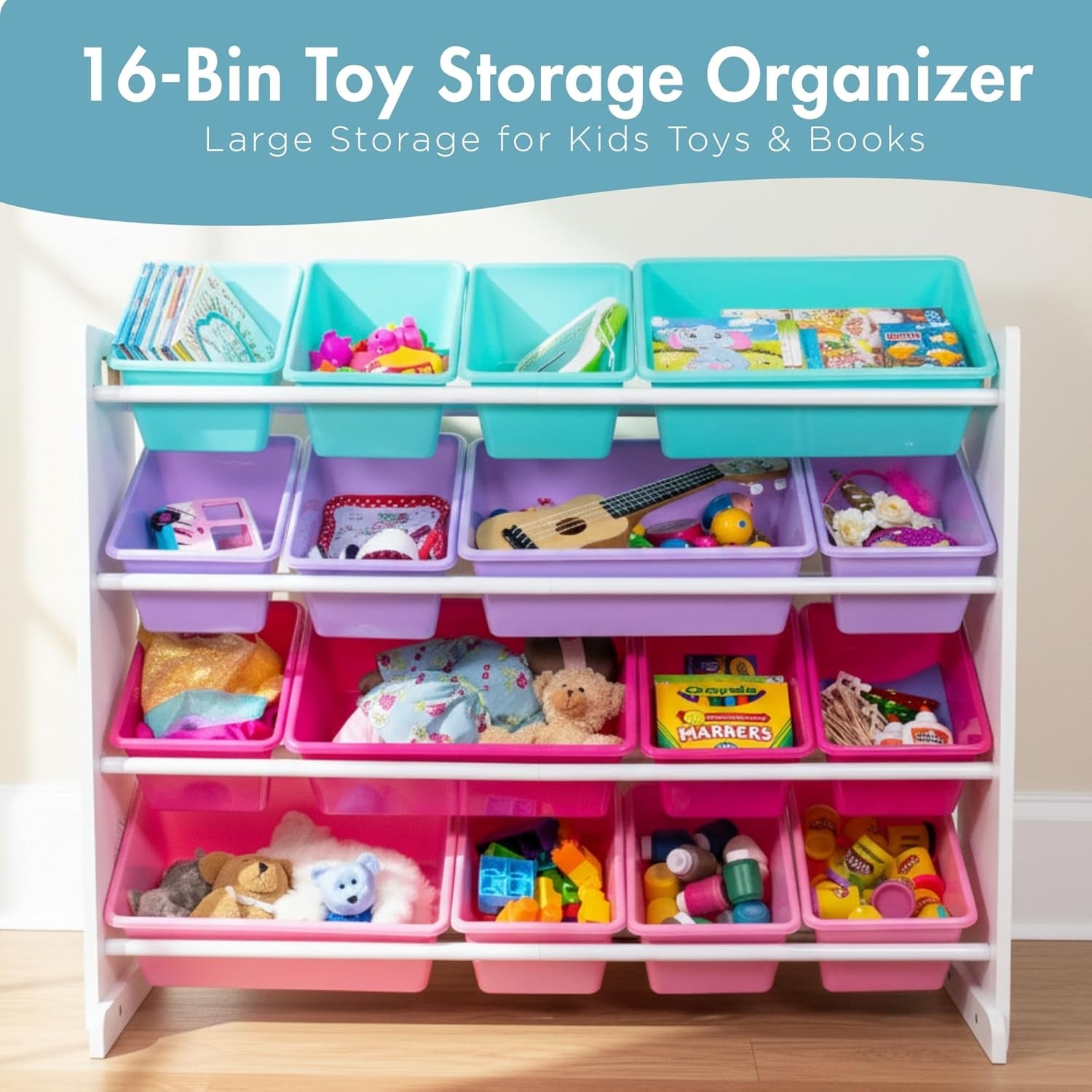 Large Toy Storage Organizer with 16 Removable Bins in White, Blue, Pink, and Purple - Ideal for Toddlers' Rooms, Playrooms, and Nurseries - Modern Design for Effective Toy Organization