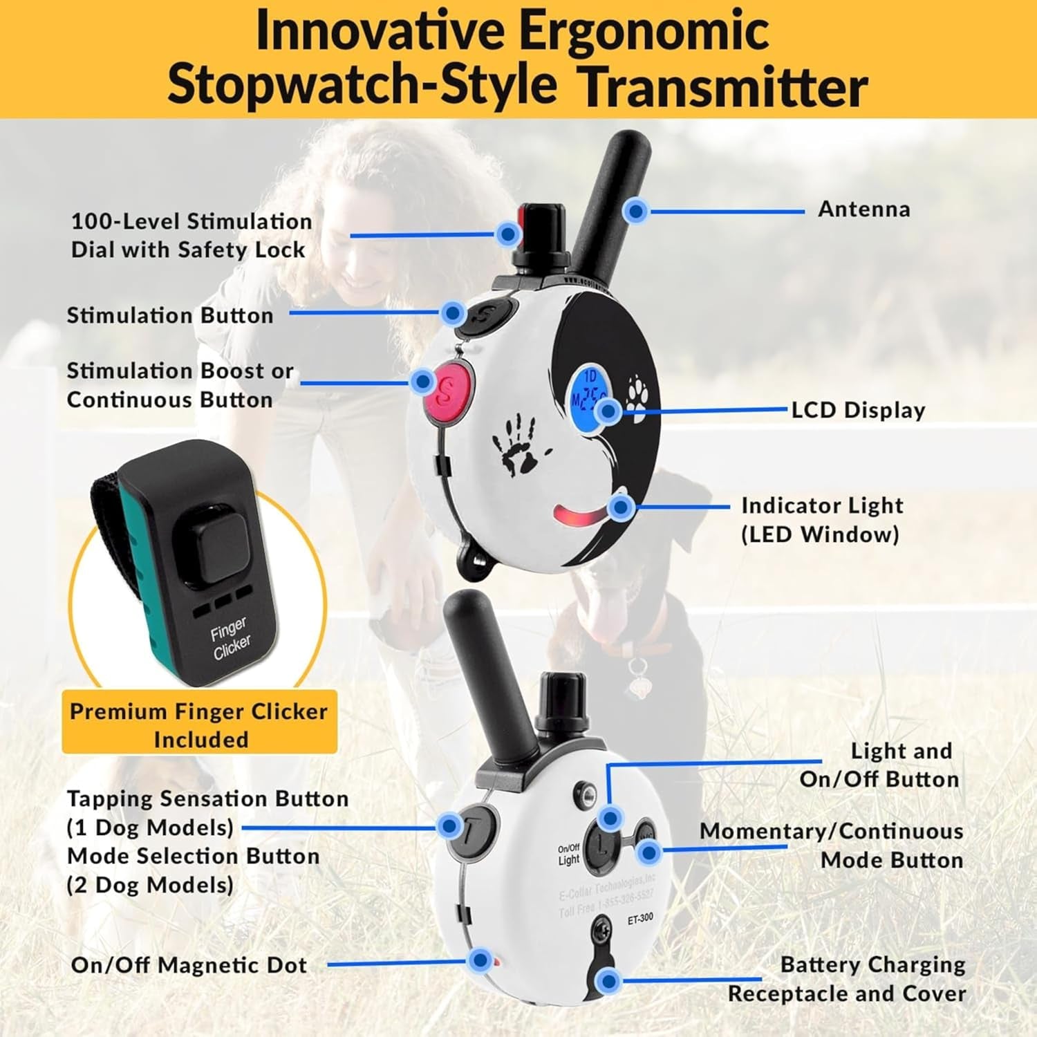 E-Collar Dog Training Collar, Rechargeable Remote + Finger Clicker, for Small to Medium Dogs, Humane Tapping Stimulation, 100 Levels, Tone, Light, 1/2 Mile 1 Dog, Zen