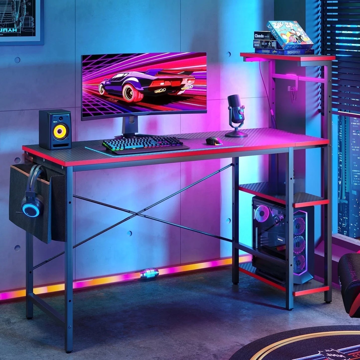 52-Inch Gaming Desk with LED Lighting and Reversible Storage Shelves, Carbon Fiber Computer Desk with Side Storage Bag for Home and Office