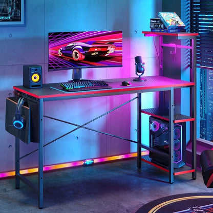 52-Inch Gaming Desk with LED Lighting and Reversible Storage Shelves, Carbon Fiber Computer Desk with Side Storage Bag for Home and Office