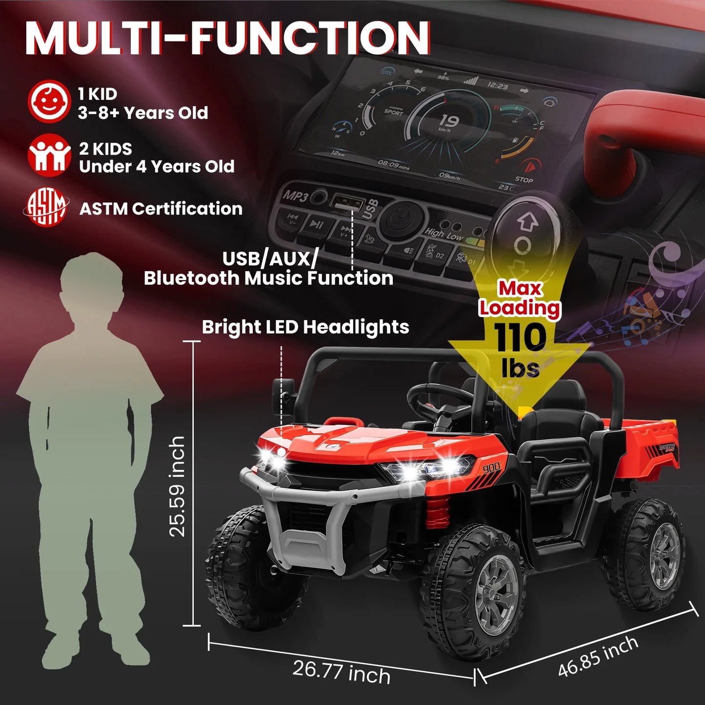 24 Volt Ride on Toys, 4WD Ride on Dump Truck for Kids, 2 Seater Ride on Car with Remote, Electric Power Car Wheels Toys with Trailer & Shovel, Mp3/Bluetooth Music, Red