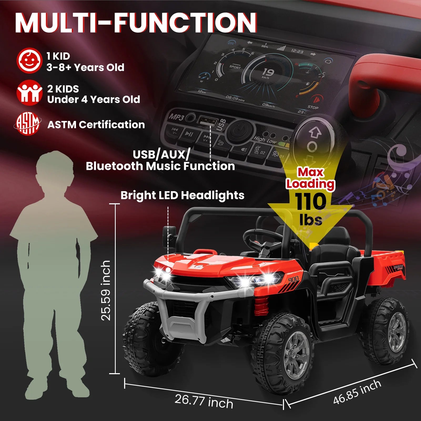 24 Volt Ride on Toys, 4WD Ride on Dump Truck for Kids, 2 Seater Ride on Car with Remote, Electric Power Car Wheels Toys with Trailer & Shovel, Mp3/Bluetooth Music, Red