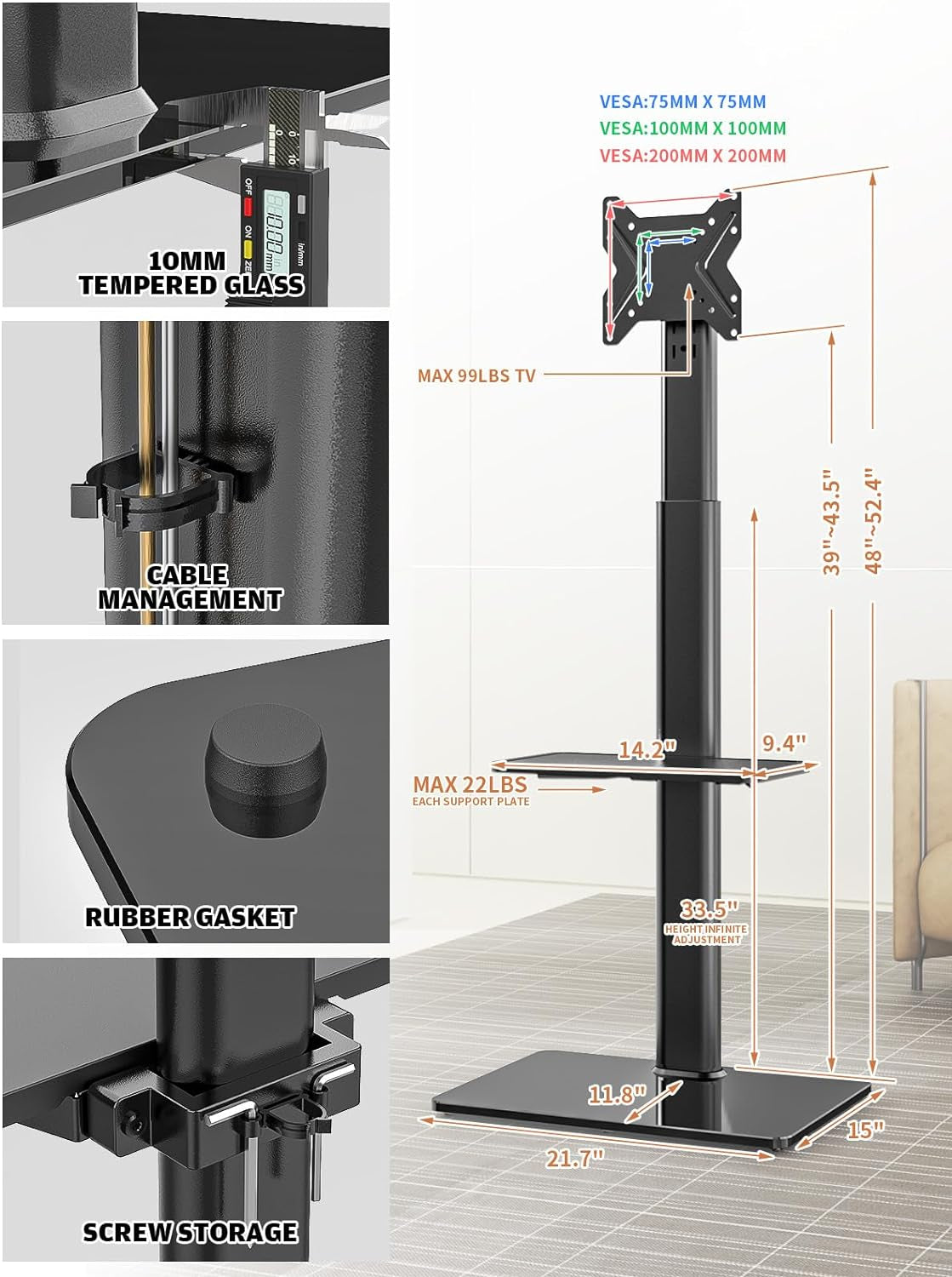 Universal Floor TV Stand with Mount for 19 to 43 Inch Flat Screen TVs, 100-Degree Swivel, Adjustable Height and Tilt, Space-Saving Design with Two Shelves for Bedroom and Living Room Corners