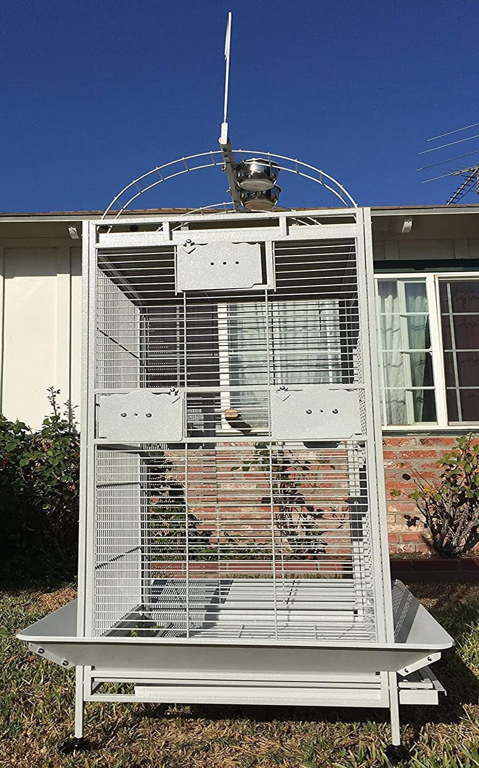 Extra Large Rolling Parrot Cage with Playtop for Macaws, Cockatoos, African Greys, and Amazons (32" L x 23" W x 66" H, Whitevein)