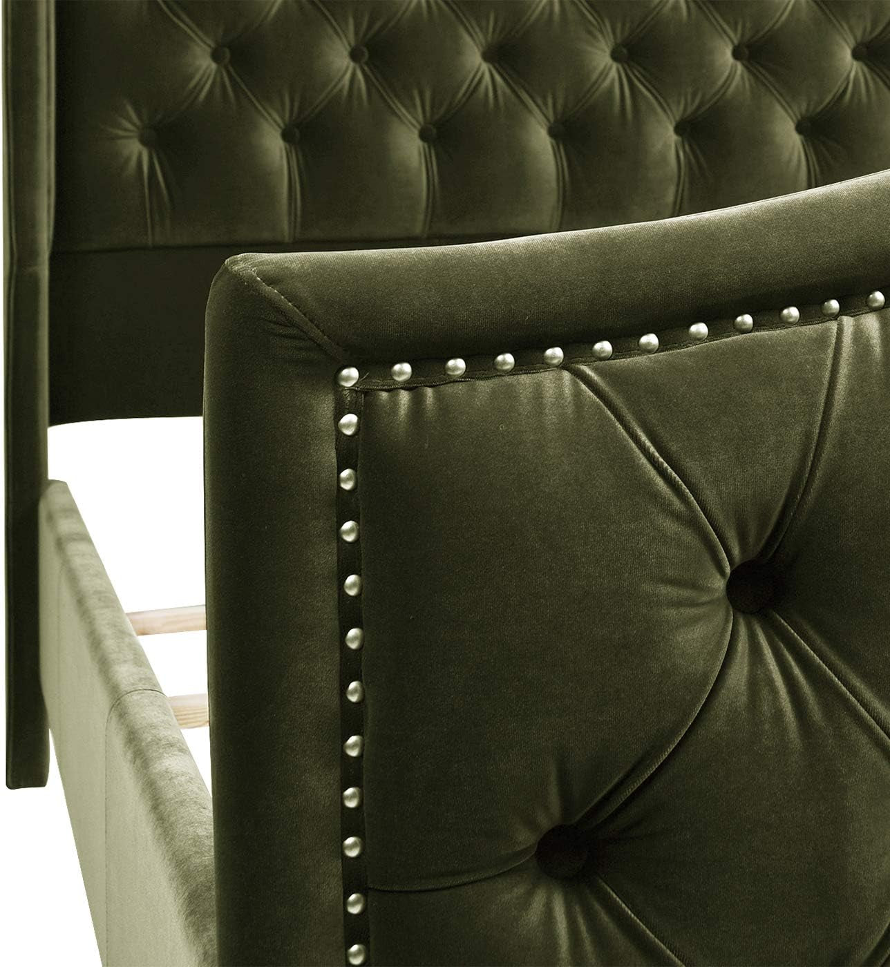 Marcella Queen Upholstered Shelter Headboard Bed Set in Olive Green Performance Velvet