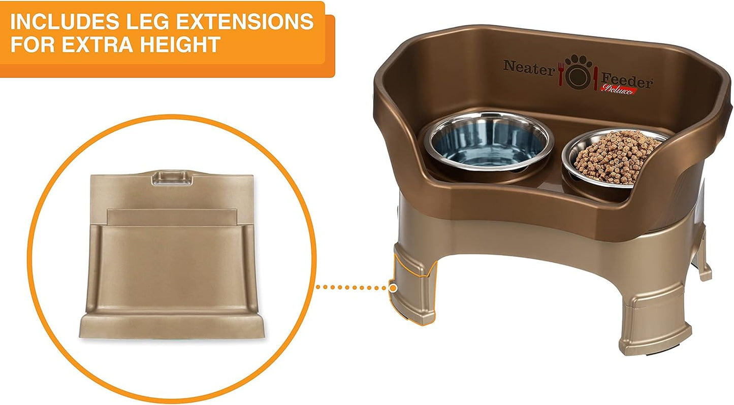 Neater Feeder Deluxe Mess Proof Dog Bowls Elevated Medium Sized Dogs (19-40 Lbs) Made in USA, No Spill Raised Dog Food Bowl Stand W/Leg Extension, Stainless Steel Food and Water Bowl Set, Bronze