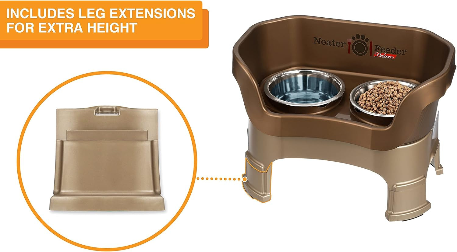 Neater Feeder Deluxe Mess Proof Dog Bowls Elevated Medium Sized Dogs (19-40 Lbs) Made in USA, No Spill Raised Dog Food Bowl Stand W/Leg Extension, Stainless Steel Food and Water Bowl Set, Bronze