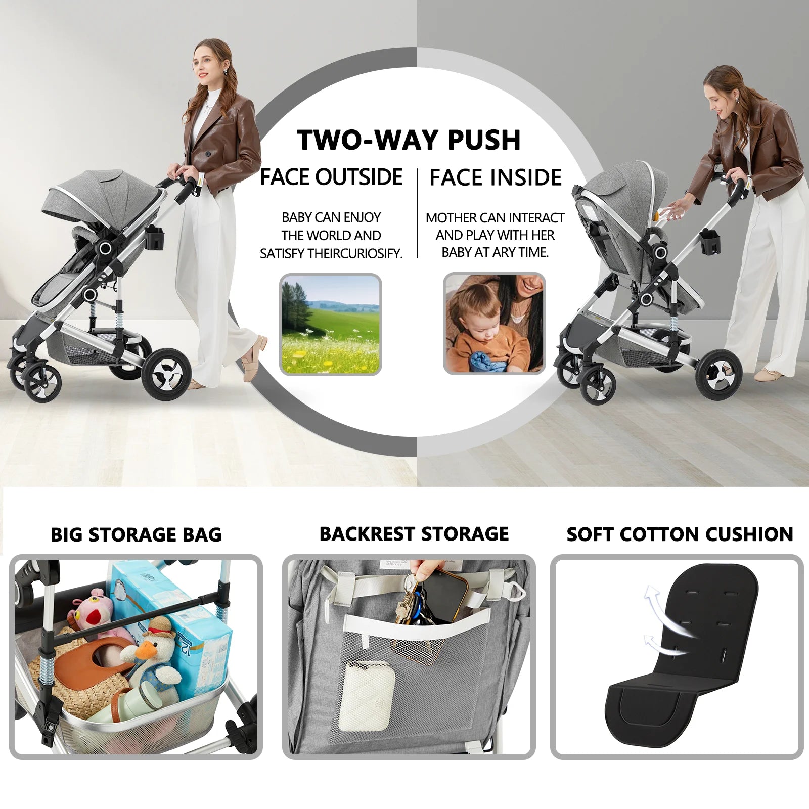 3-in-1 Convertible Baby Stroller with Spacious Seating, Adjustable Canopy, and Lightweight Design in Light Grey