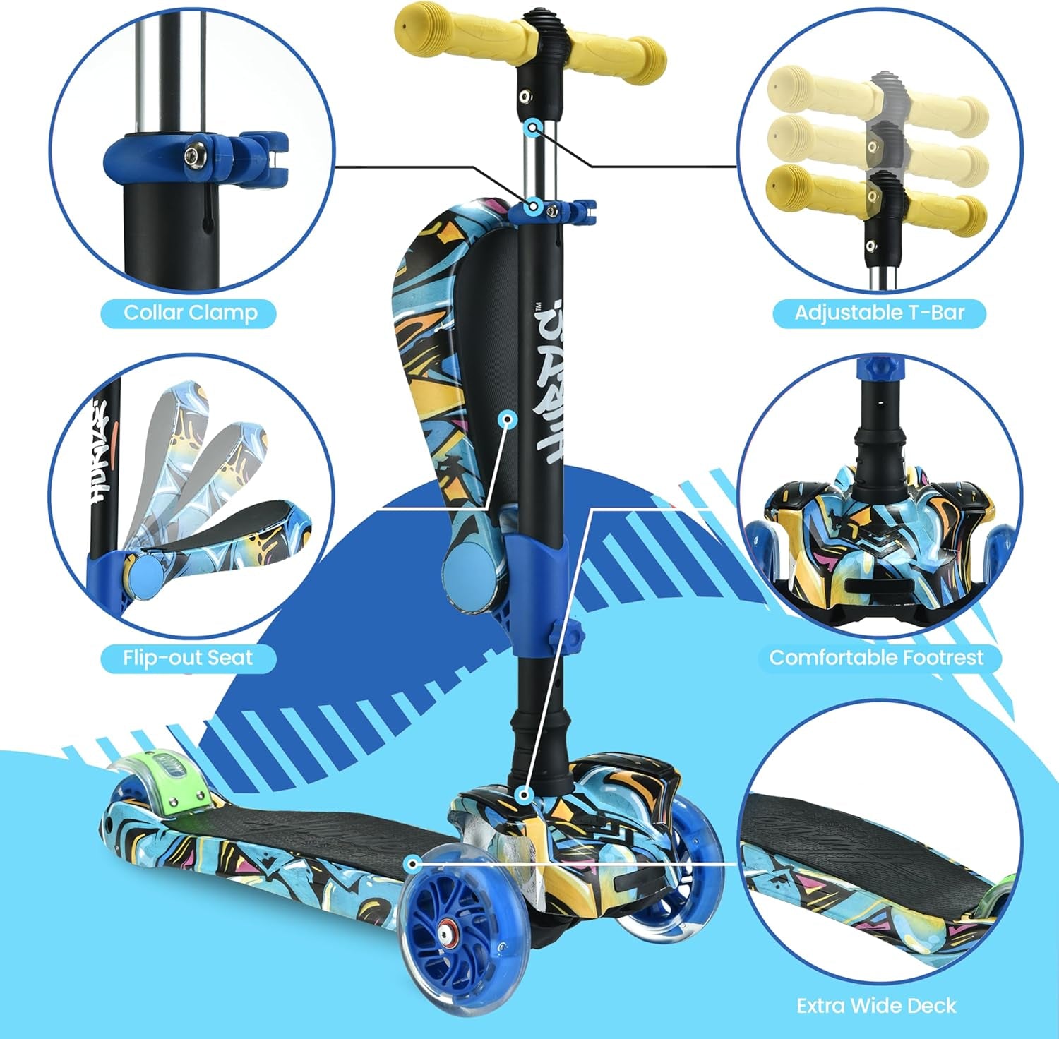 3-Wheeled Scooter for Children - LED Wheel Lights, Adjustable Lean-To-Steer Handlebar, and Foldable Seat - Versatile Ride Options with Brake for Ages 1-14