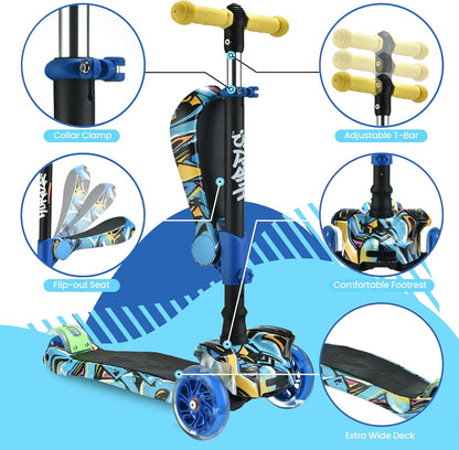 3-Wheeled Scooter for Children - LED Wheel Lights, Adjustable Lean-To-Steer Handlebar, and Foldable Seat - Versatile Ride Options with Brake for Ages 1-14