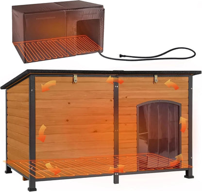 Extra Large Heated Dog House Outdoor Wooden Dog Kennel 59" Insulated with Heater All-Around Iron Frame