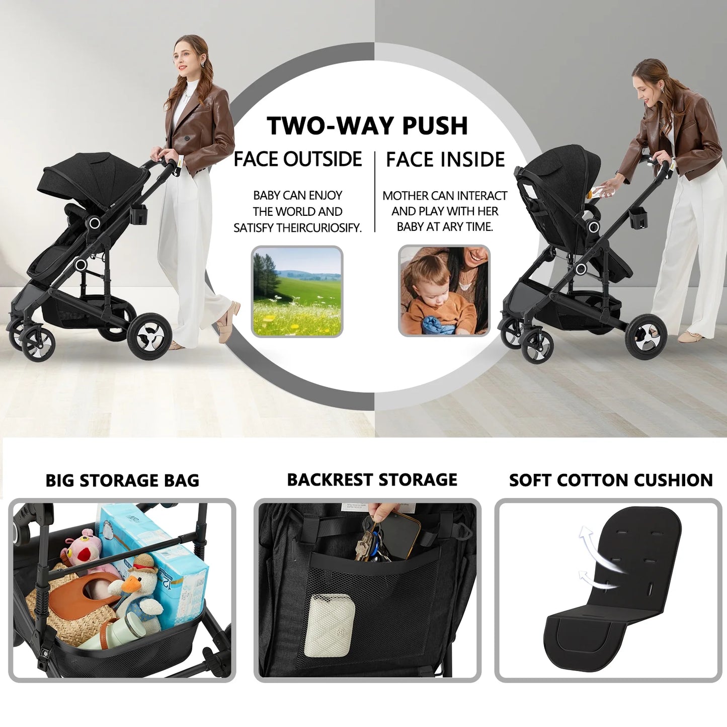 3-in-1 Convertible Baby Stroller with Generous Seating and Adjustable Canopy, 24 lbs, Black
