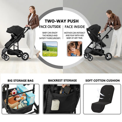 3-in-1 Convertible Baby Stroller with Generous Seating and Adjustable Canopy, 24 lbs, Black