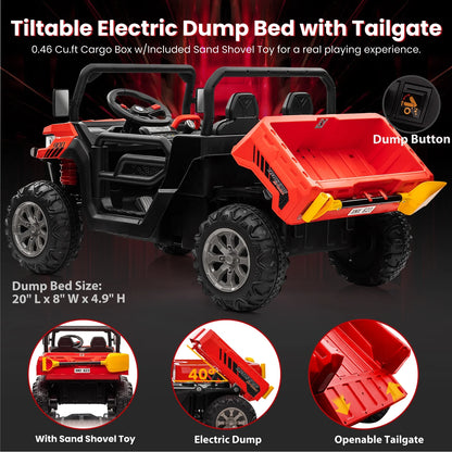 24 Volt Ride on Toys, 4WD Ride on Dump Truck for Kids, 2 Seater Ride on Car with Remote, Electric Power Car Wheels Toys with Trailer & Shovel, Mp3/Bluetooth Music, Red