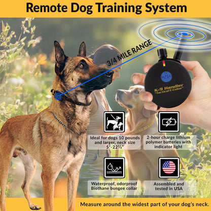 K9 Tactical Dog Handler with Remote, 100 Levels Humane Stimulation, Pavlovian Tone, Waterproof, Odorproof Biothane Bungee Collar, Night Light, Rechargeable, 3/4 Mile 1 Dog, 33" Collar, Black
