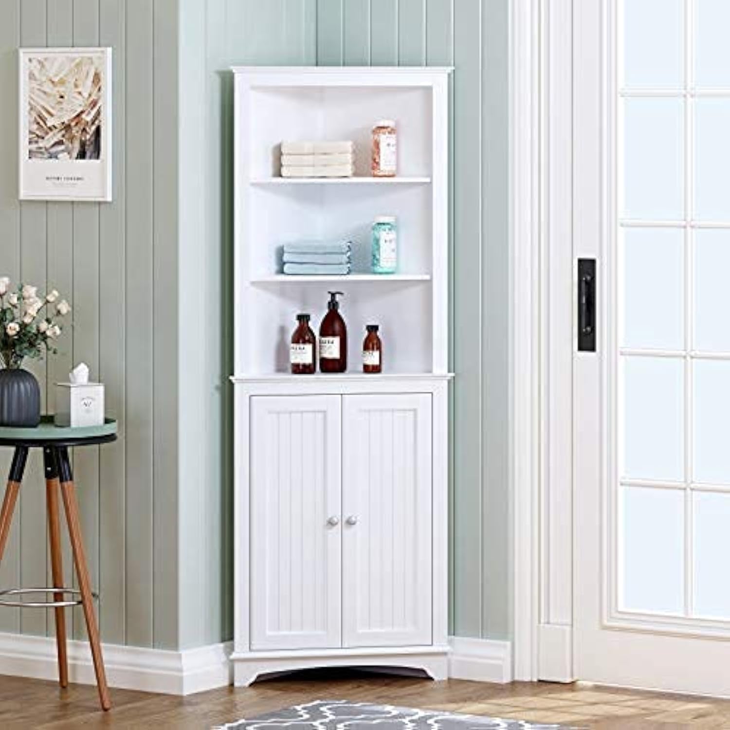 Freestanding Tall Corner Cabinet with Doors and Shelves for Bathroom, Kitchen, and Living Room in White