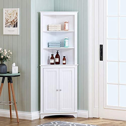 Freestanding Tall Corner Cabinet with Doors and Shelves for Bathroom, Kitchen, and Living Room in White