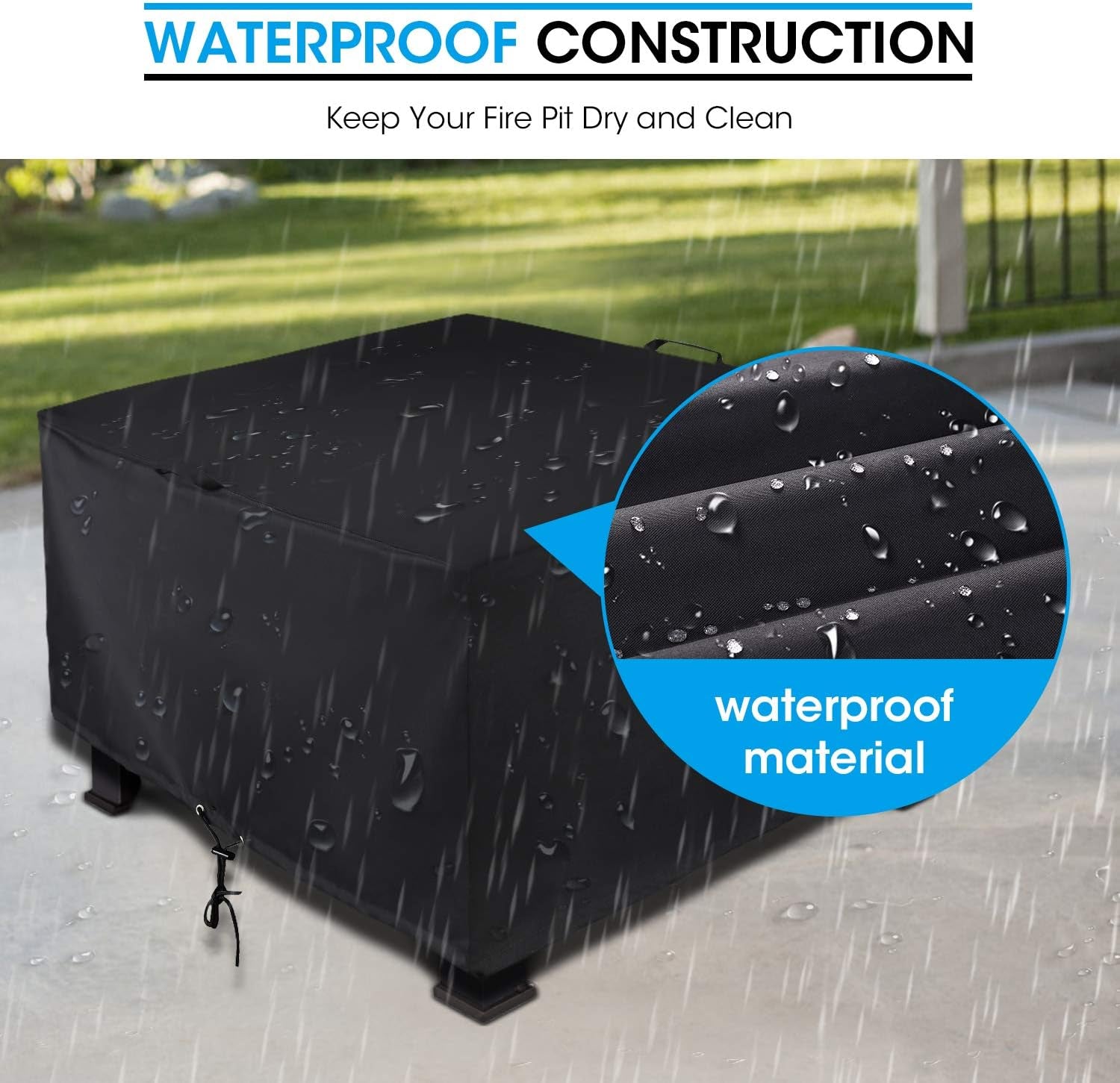 Square Fire Pit Cover 38 Inch, Heavy Duty Waterproof Fire Table Cover, Outdoor Firepit Protector with Drawstring and Handles, All Weather Protection, Black