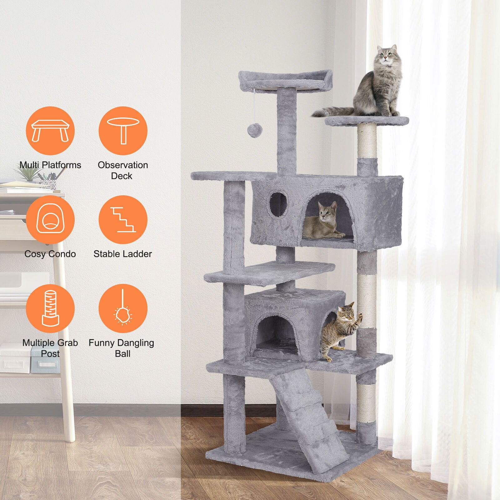55-Inch Multi-Level Cat Tree Tower Activity Center with Condo - Available in 6 Colors