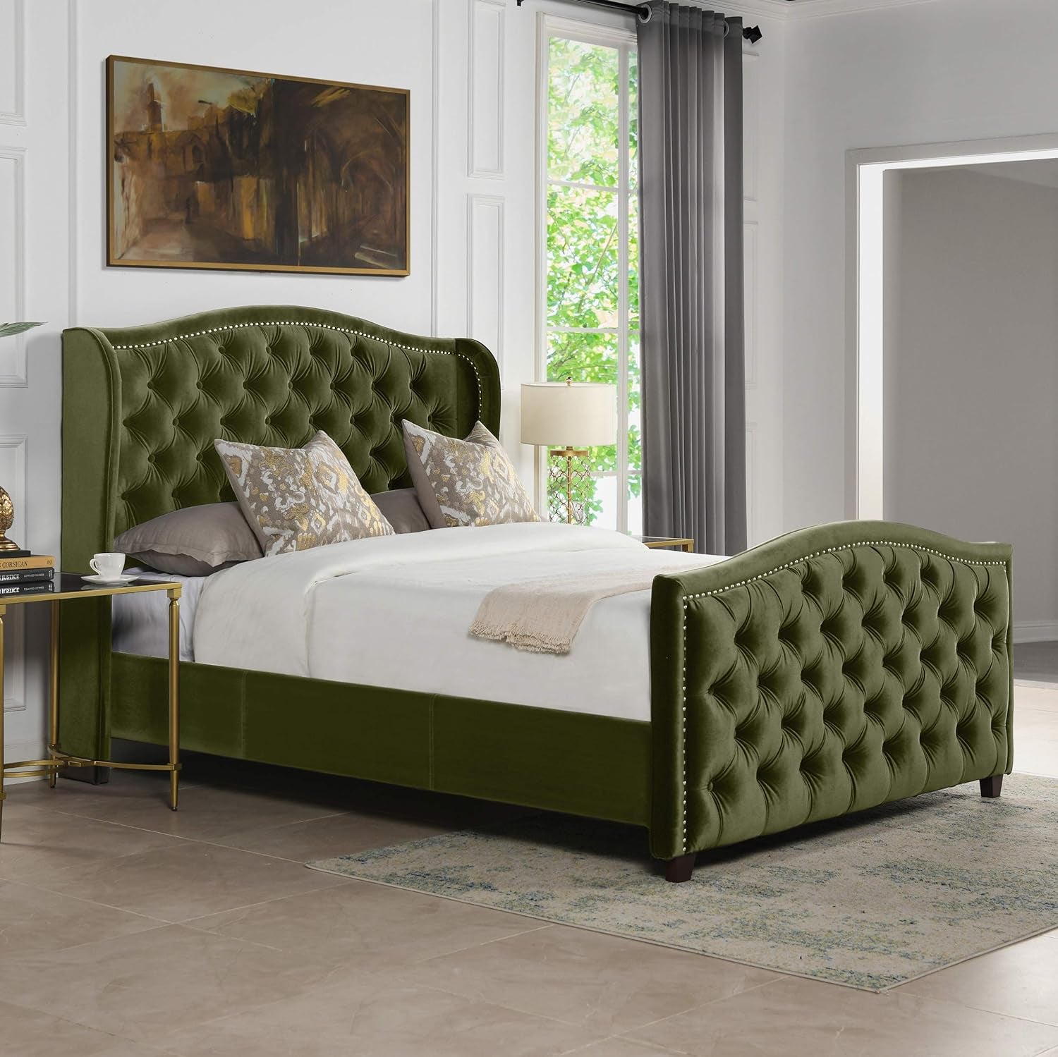 Marcella Queen Upholstered Shelter Headboard Bed Set in Olive Green Performance Velvet