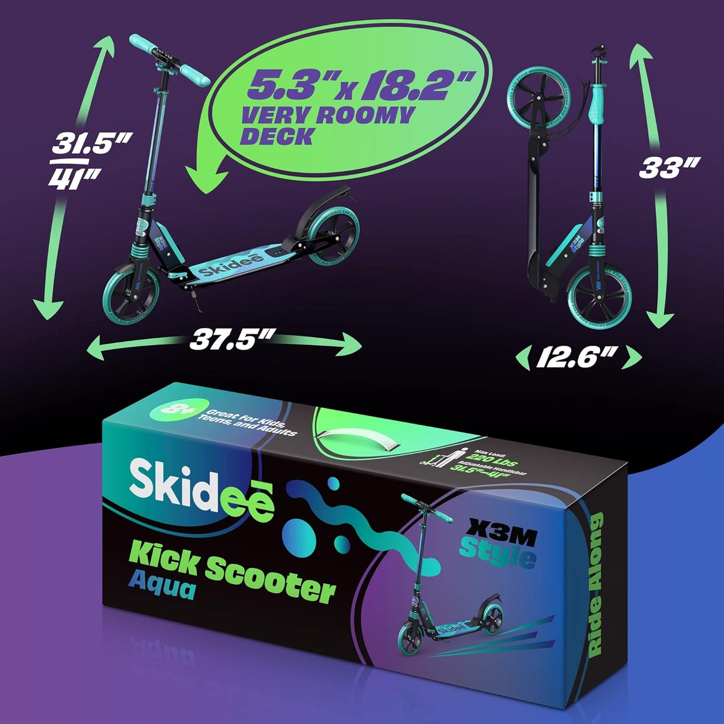 Adjustable Height Adult and Teen Scooter with Folding Design, Large Wheels, Lightweight Construction, Durable Anti-Shock Suspension, Supports up to 220 lbs