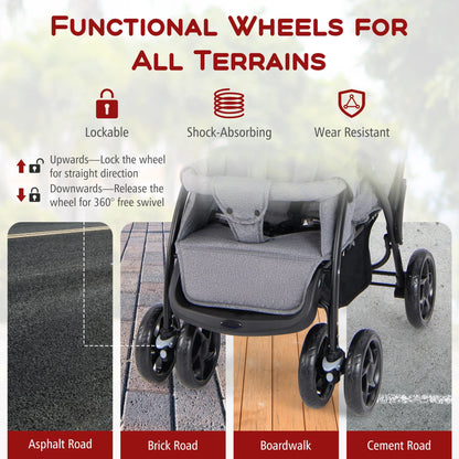 Lightweight Foldable Double Stroller for Infants - Grey Travel Pushchair