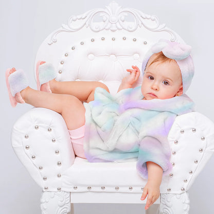 Infant Tie Dye Soft Plush Bathrobe Set with Coordinating Towel, Slippers, and Turban (12-24 Months)