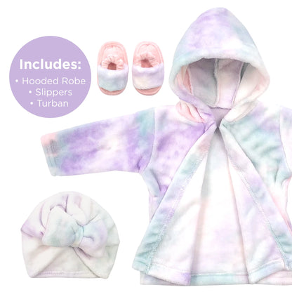 Infant Tie Dye Soft Plush Bathrobe Set with Coordinating Towel, Slippers, and Turban (12-24 Months)