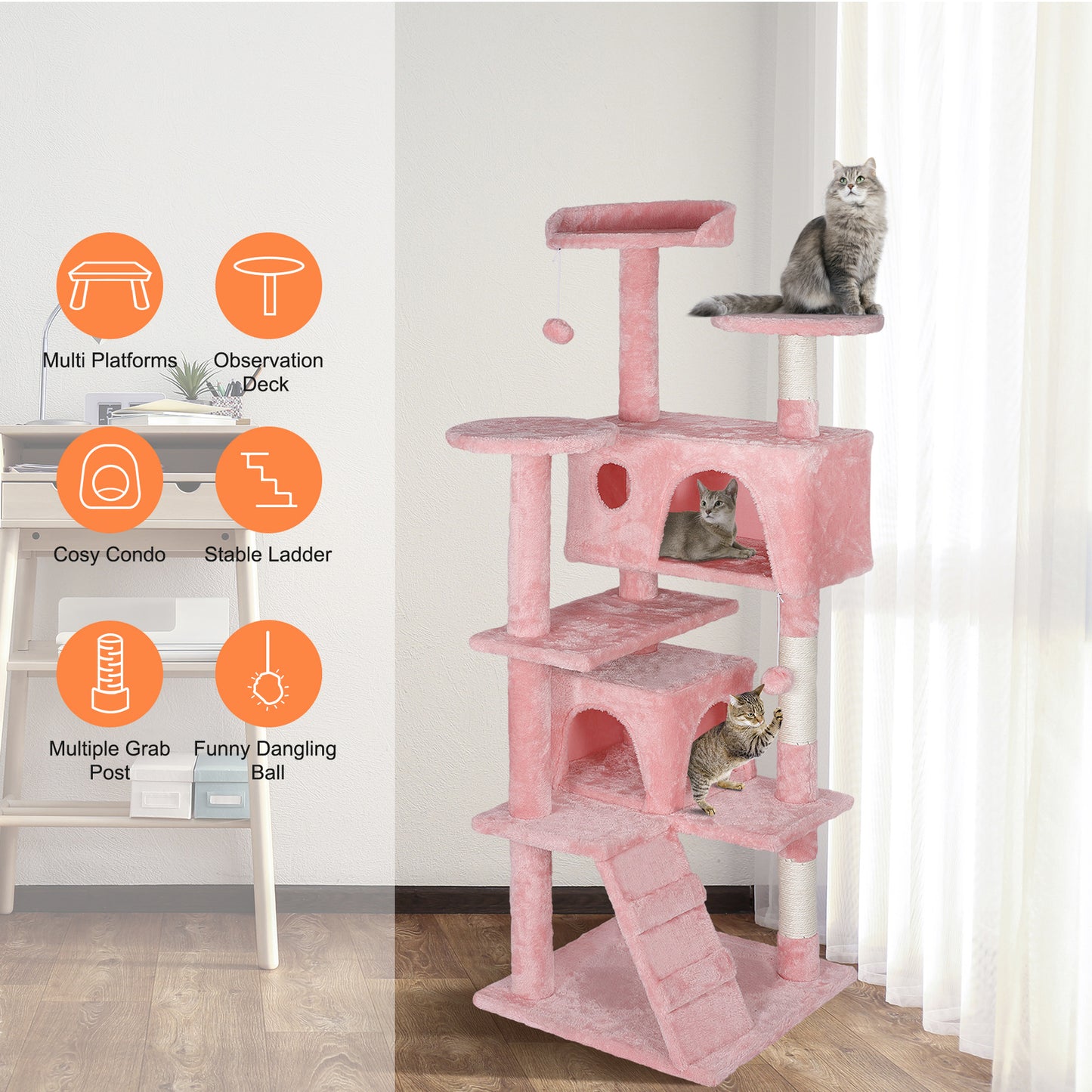 55-Inch Multi-Level Cat Tree Tower Activity Center with Condo - Available in 6 Colors