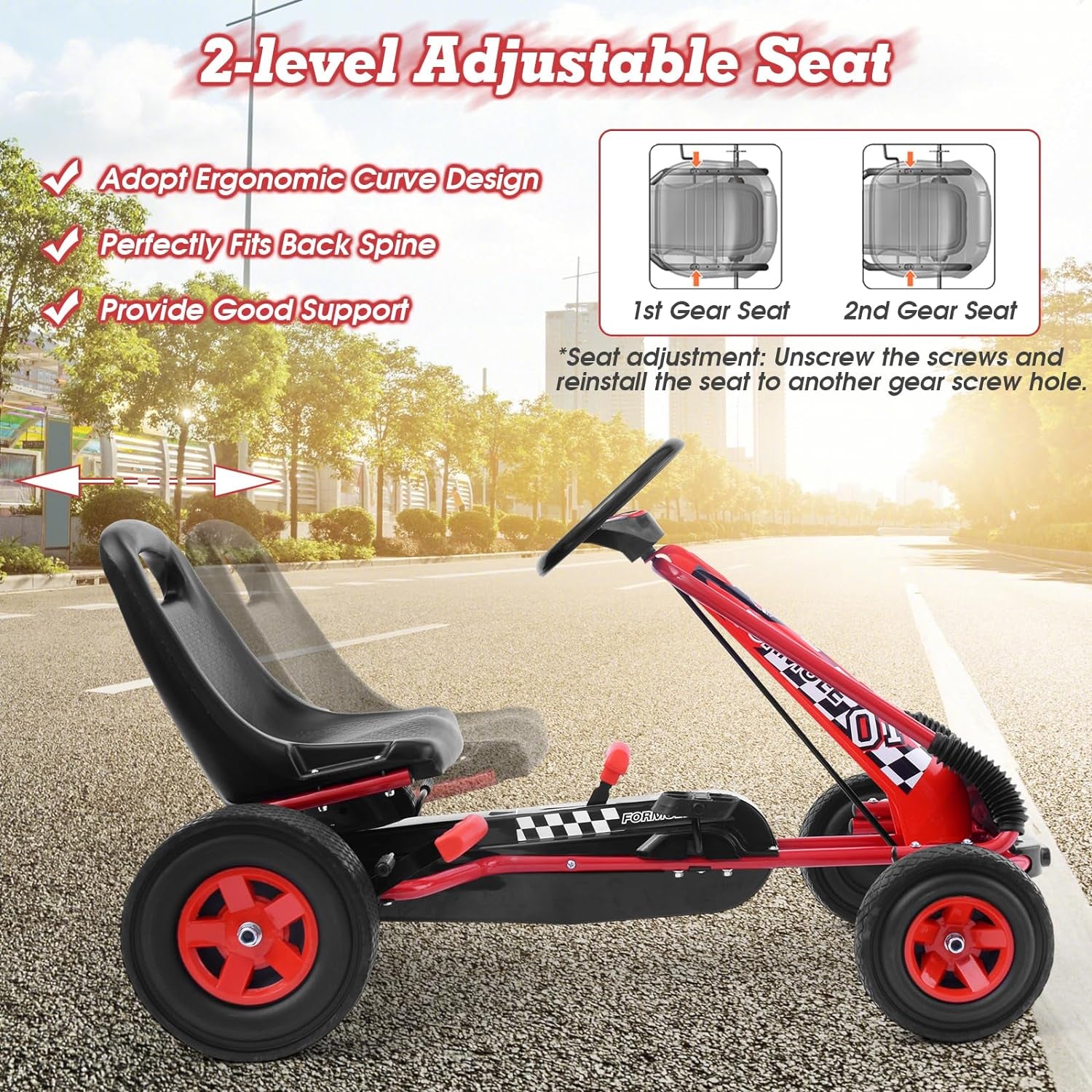 Kids' Off-Road Go Kart with Adjustable Seat, Safety Brakes, EVA Tires, and Steering Wheel - Red