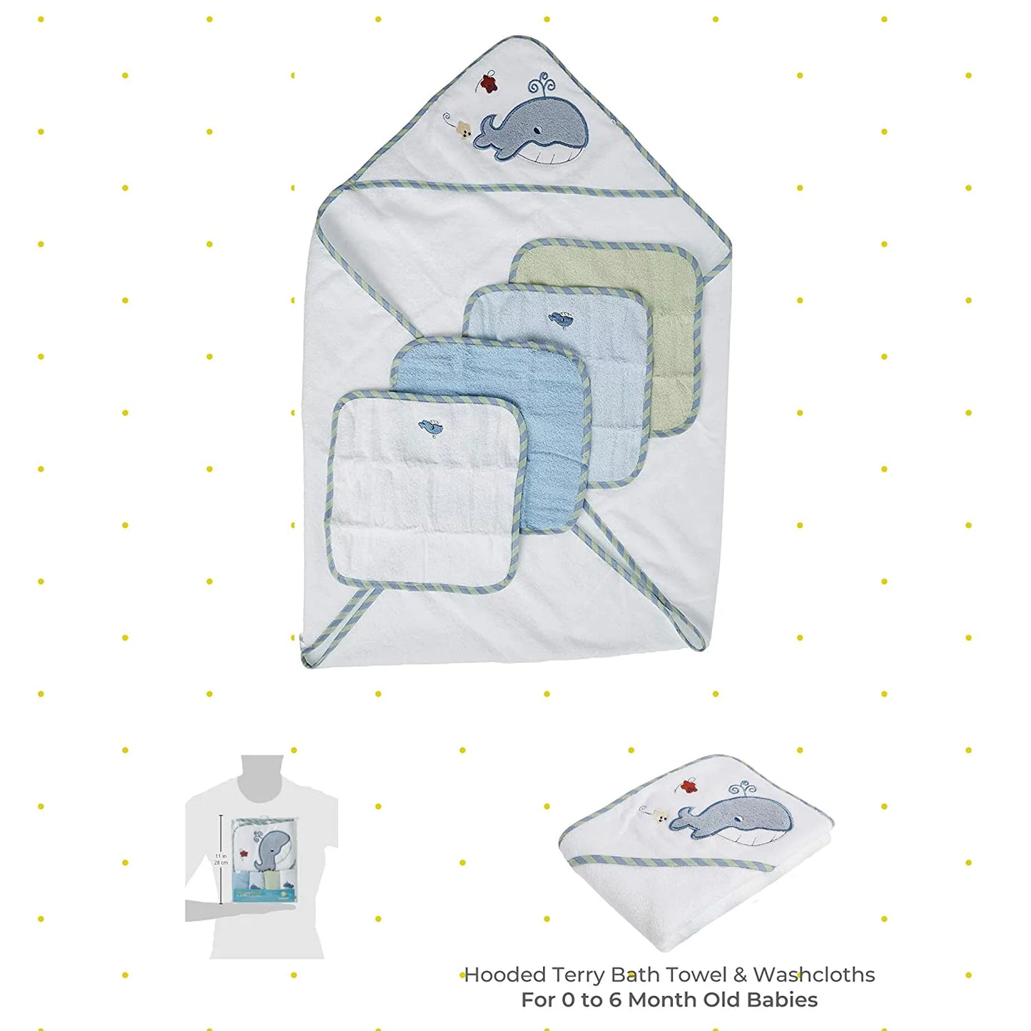 Infant Cotton Terry Hooded Towel and Washcloth Bath Set, 5-Piece, Blue Whale Theme