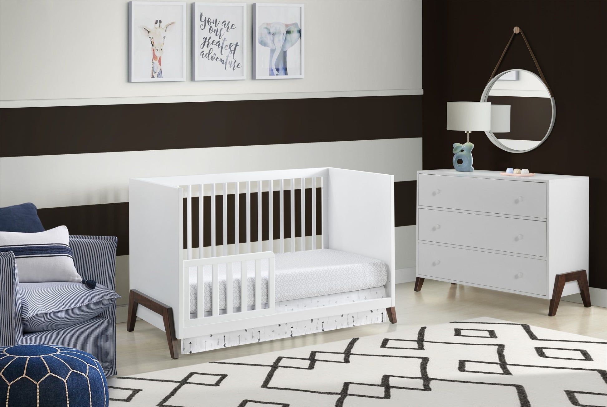 Mari Modern 3-in-1 Convertible Crib Island in White and Walnut Finish