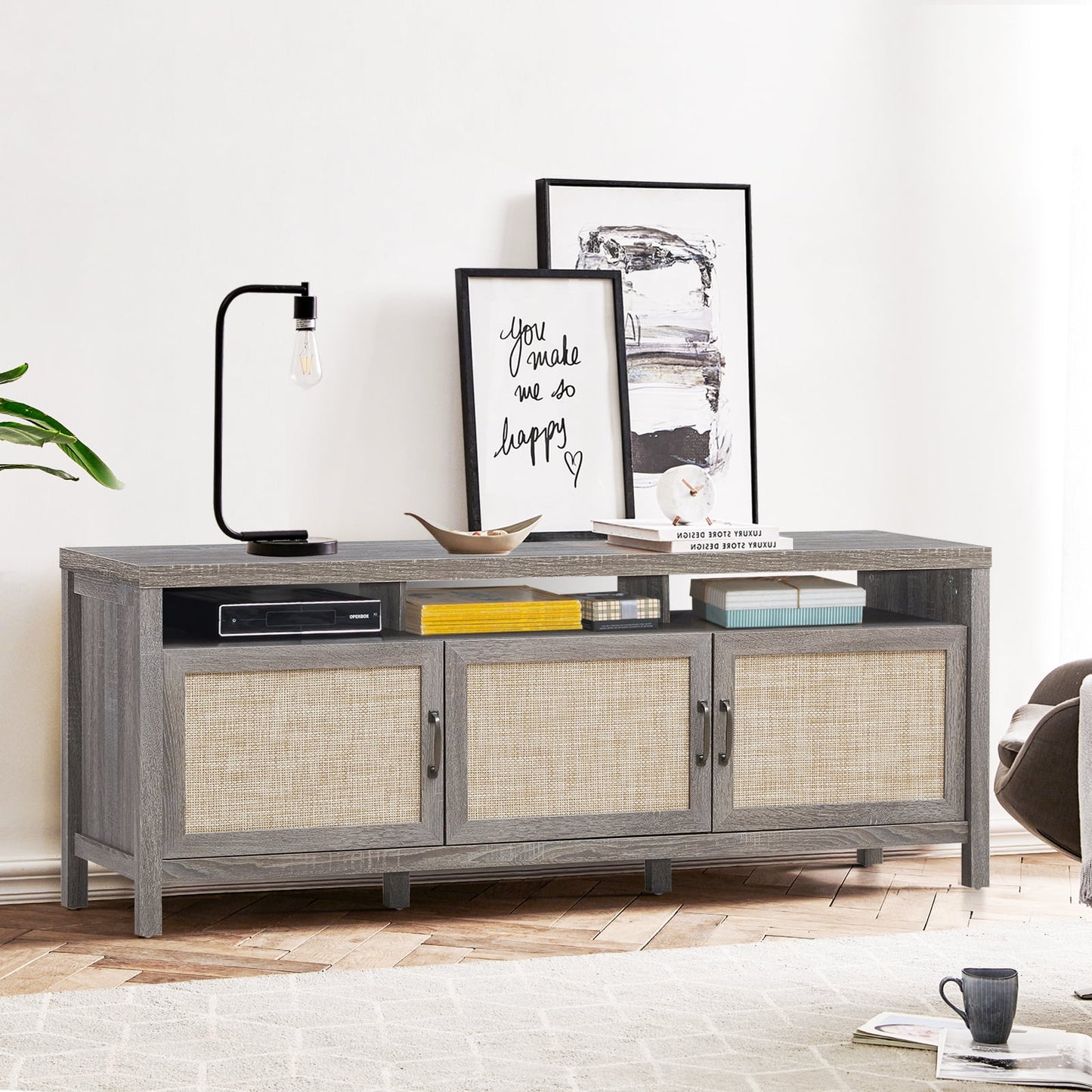 Universal Television Stand Cabinet Media Console with Three Rattan Doors in Grey