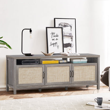 Universal Television Stand Cabinet Media Console with Three Rattan Doors in Grey