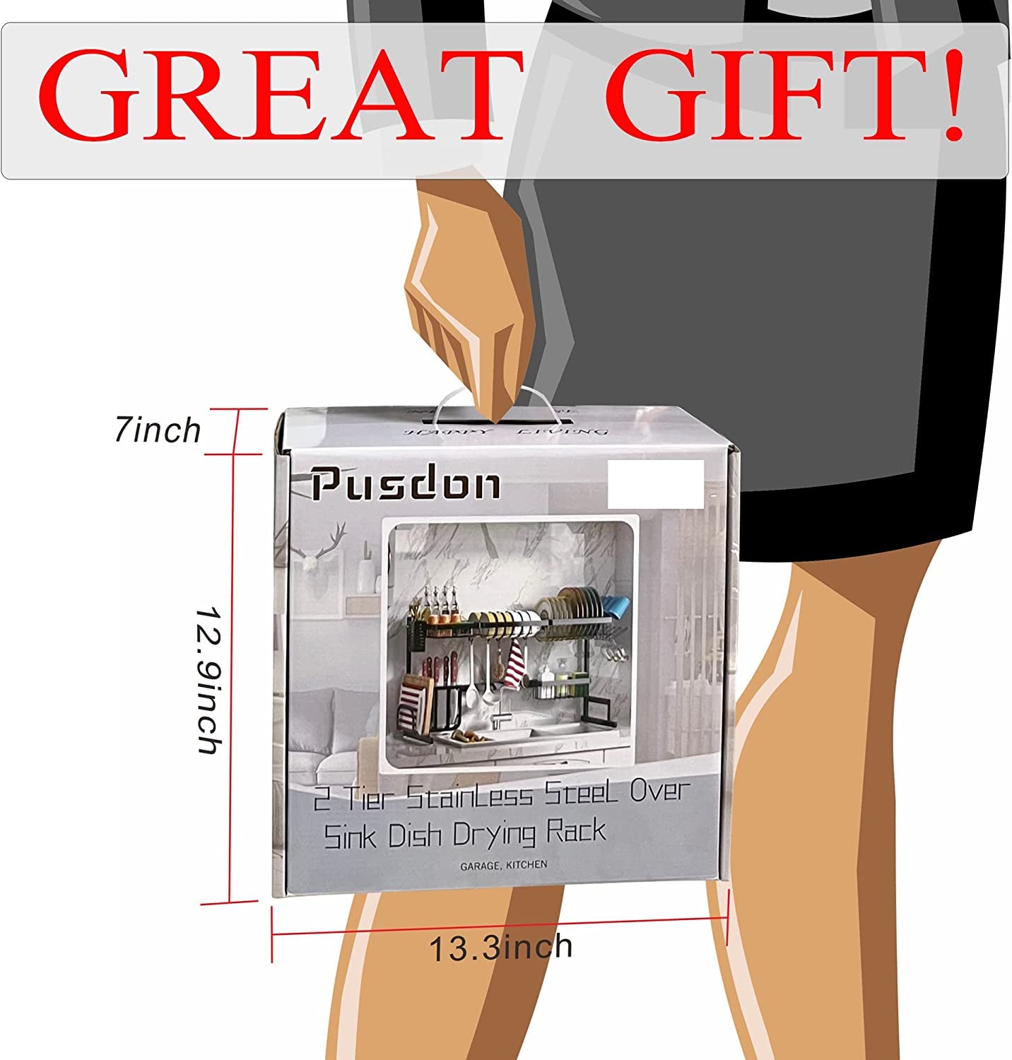 Stainless Steel Over-Sink Dish Drying Rack, Adjustable 2-Tier Large Dish Drainer for Kitchen Organization, Black (Standard 26"-38")