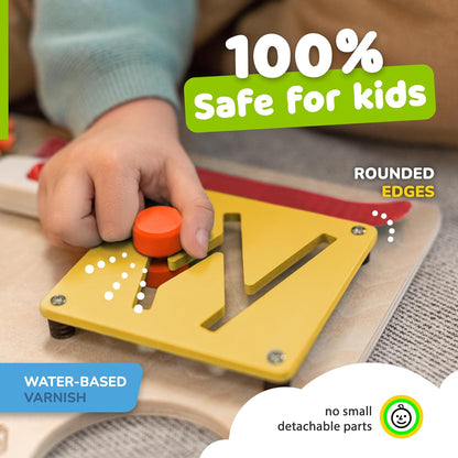 Premium Wooden Sensory Busy Board for Toddlers Aged 1-3, Featuring 10 Educational Activities to Enhance Fine Motor Skills and Ideal for Travel