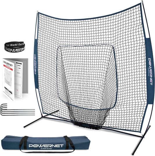 7X7 Baseball and Softball Practice Net with Accessories for Pitching, Batting, and Fielding – Includes Ball Caddy, Weighted Baseballs, and Tee