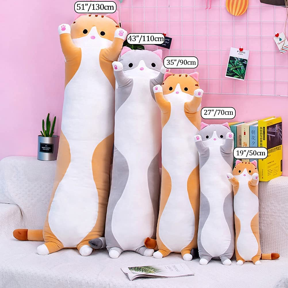 Long Body Cat Plush Pillow - Soft Cartoon Stuffed Animal Doll, Ideal Gift for Kids and Girls (Orange, 19")