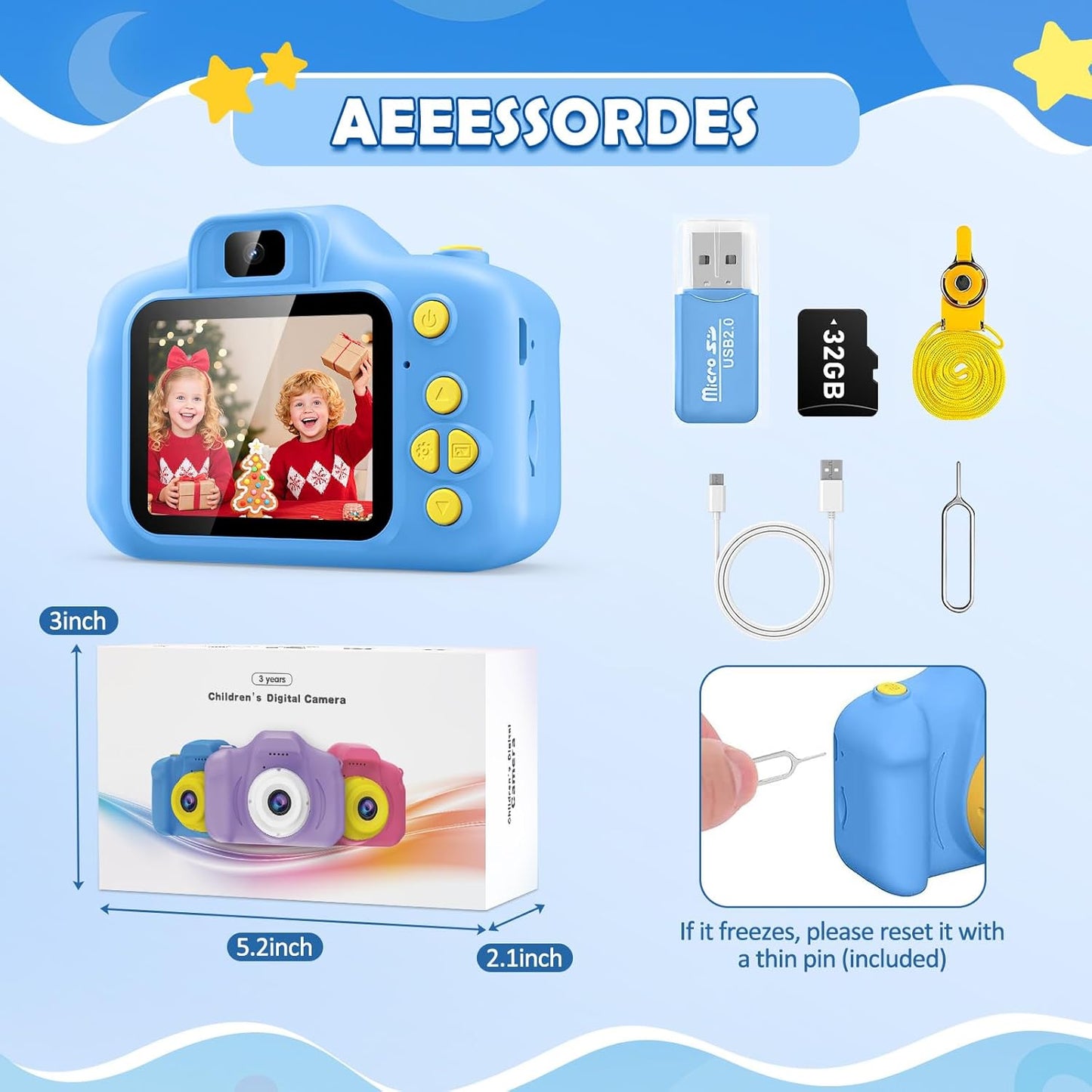 HD Digital Video Camera for Kids with 32GB SD Card - Ideal Christmas and Birthday Gift for Ages 3-9 (Blue)