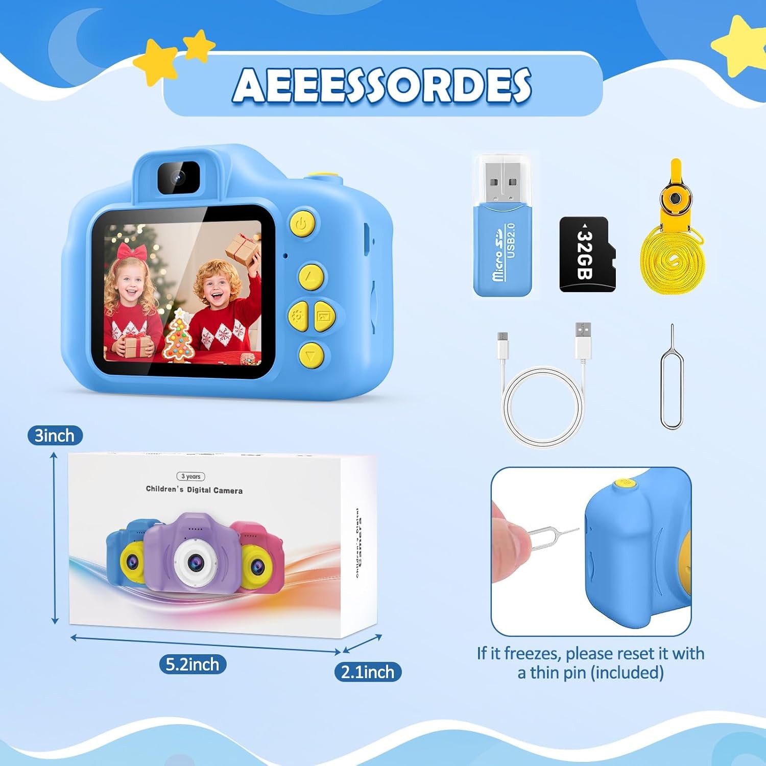 HD Digital Video Camera for Kids with 32GB SD Card - Ideal Christmas and Birthday Gift for Ages 3-9 (Blue)