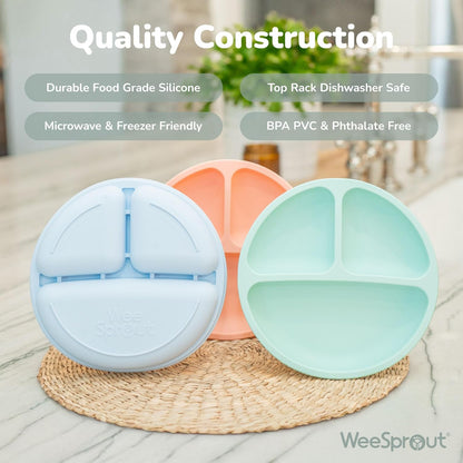 Silicone Baby and Toddler Plates Set (3-Pack) - 100% Food-Grade, Divided Design with Raised Edges, Dishwasher and Microwave Safe Weaning Essentials for Self-Feeding