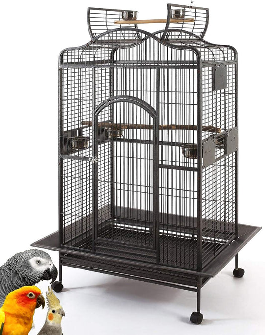 New Large Wrought Iron Open/Close Play Top Bird Parrot Cage, Include Metal Seed Guard Solid Metal Feeder Nest Doors (28" W X 22" D X 59" H Black Vein)
