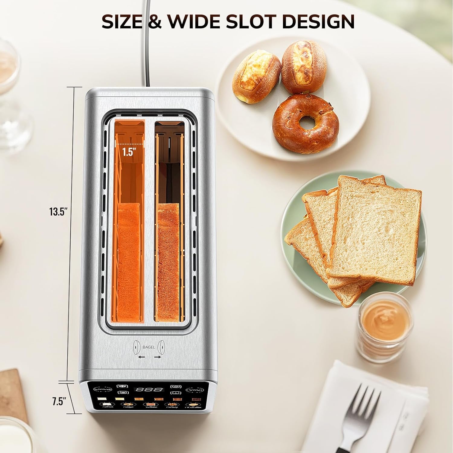 Toaster 4 Slice, Digital Smart Toaster with Touchscreen, Memory Function, Single Slot Toasting, Timer, Reheat & Defrost for Bagels, Bread, Waffles, Muffin, Stainless Steel Kitchen Essentials