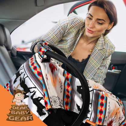 Reversible Infant Car Seat Canopy with Snap Opening (40" x 30") - Southwestern Tribal Horses Design for Boys and Girls