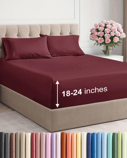 Extra Deep Twin Sheet Set - 4-Piece Breathable and Cooling Bedding - Luxurious Hotel Quality for All Ages - Secure Fit, Soft, Wrinkle-Free, and Comfortable - Extra Deep Pockets - Burgundy